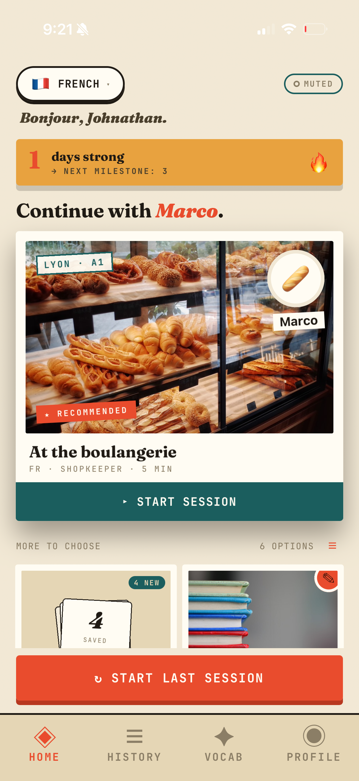 Étude home screen, French session with Marco at the boulangerie.